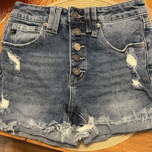 Maurices Women’s Kan Can Blue Distressed Button-Up Jean Shorts Size 25
